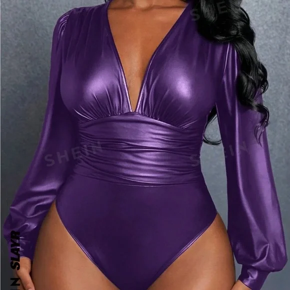 Purple PU Leather Women's Bodysuit - Picture 5 of 7